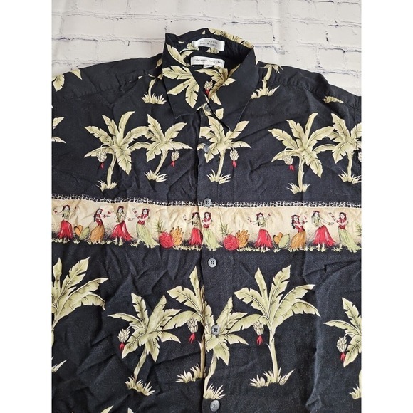 Pierre Cardin‎ Medium Button Up Hawaiian Shirt Collared Black Korea Hula Palm - Picture 1 of 16